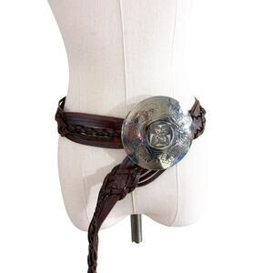 Vintage Y2K Brown Leather Braided Boho Style Belt Size M/L EUC Made in India